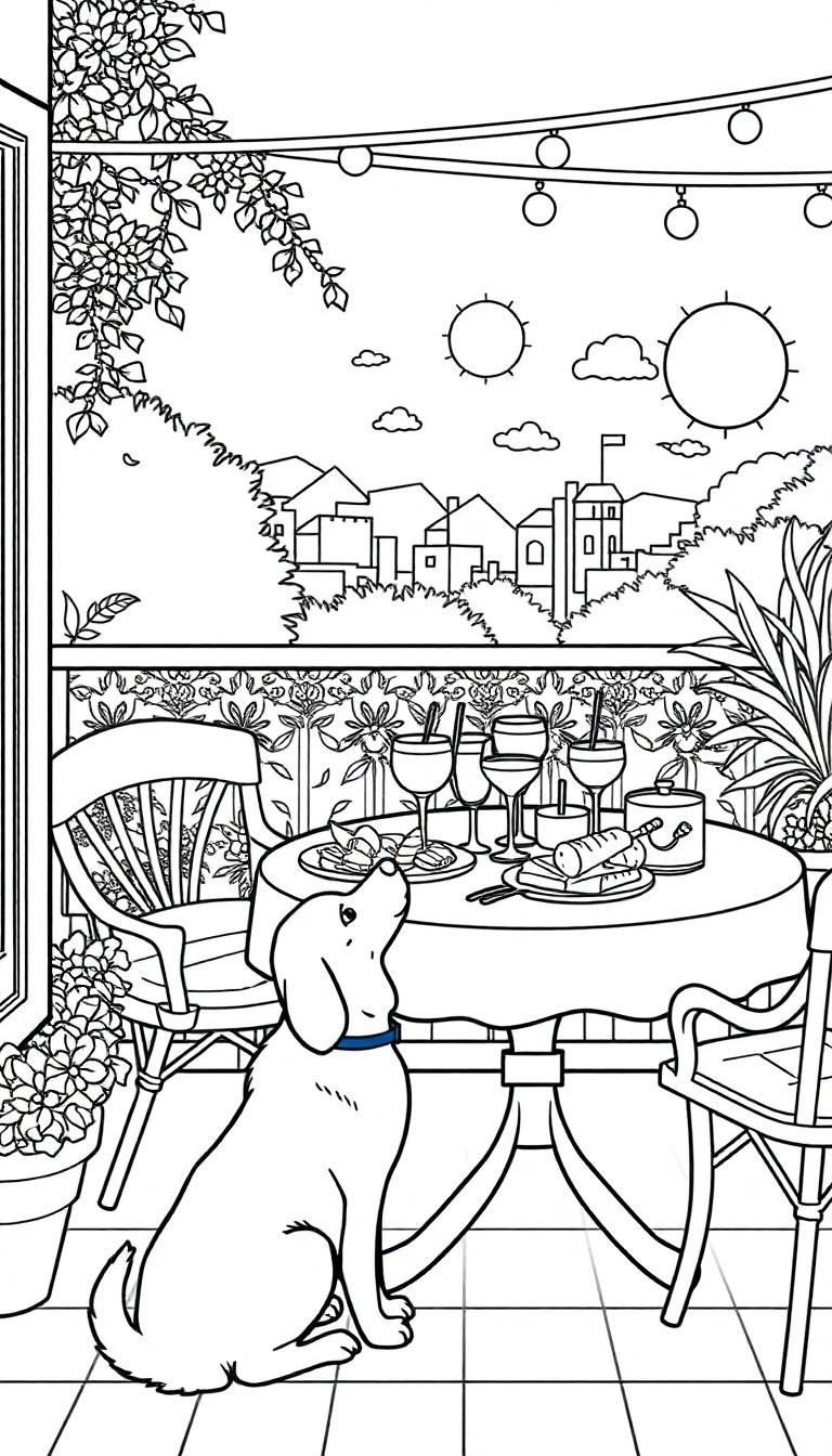 Kleurplaat van een terras met drankjes, hapjes en een hond.