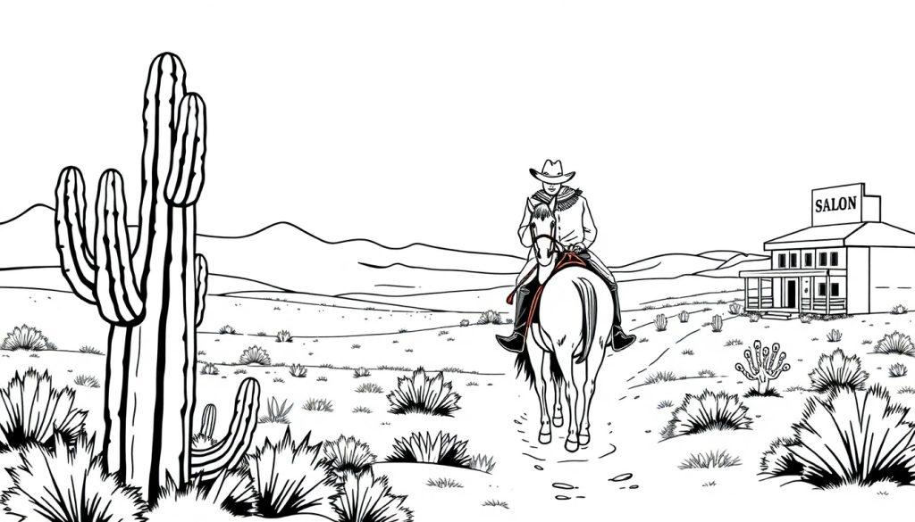 Cowboy kleurplaat te paard in de woestijn