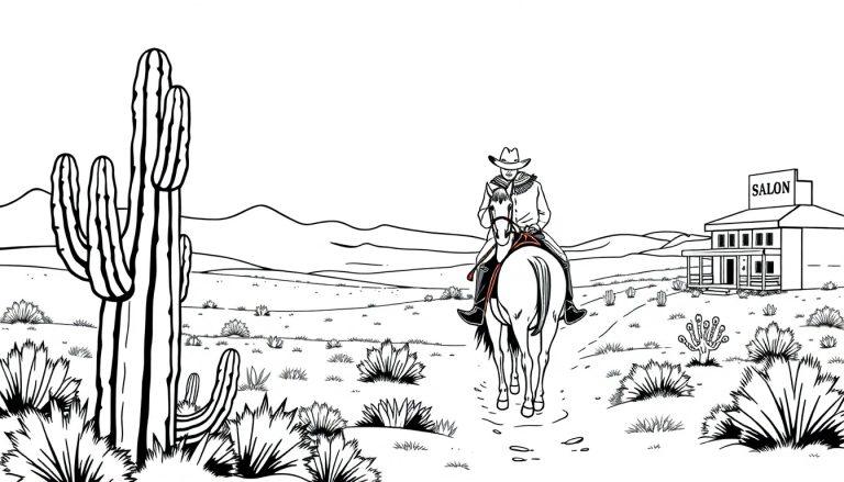 Cowboy kleurplaat te paard in de woestijn