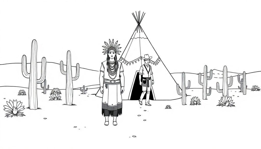 Kleurplaat van een Native American vrouw, cowboy, wigwam en woestijnlandschap.