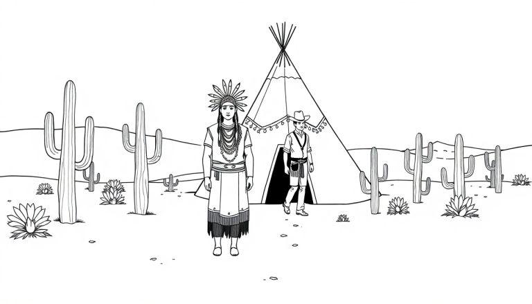 Kleurplaat van een Native American vrouw, cowboy, wigwam en woestijnlandschap.