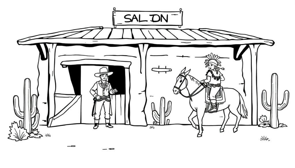 Kleurplaat van een Wilde Westen saloon met een cowboy en een Native American kind.