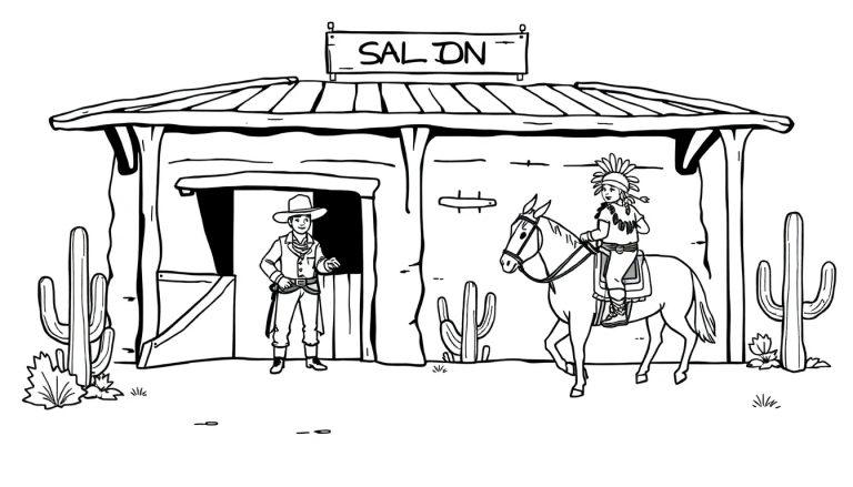 Kleurplaat van een Wilde Westen saloon met een cowboy en een Native American kind.