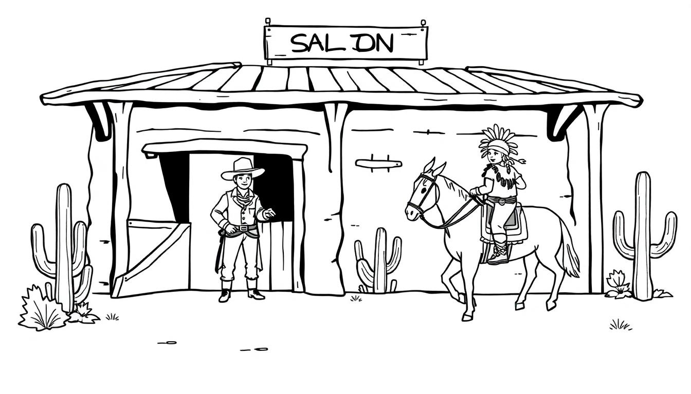 Kleurplaat van een Wilde Westen saloon met een cowboy en een Native American kind.
