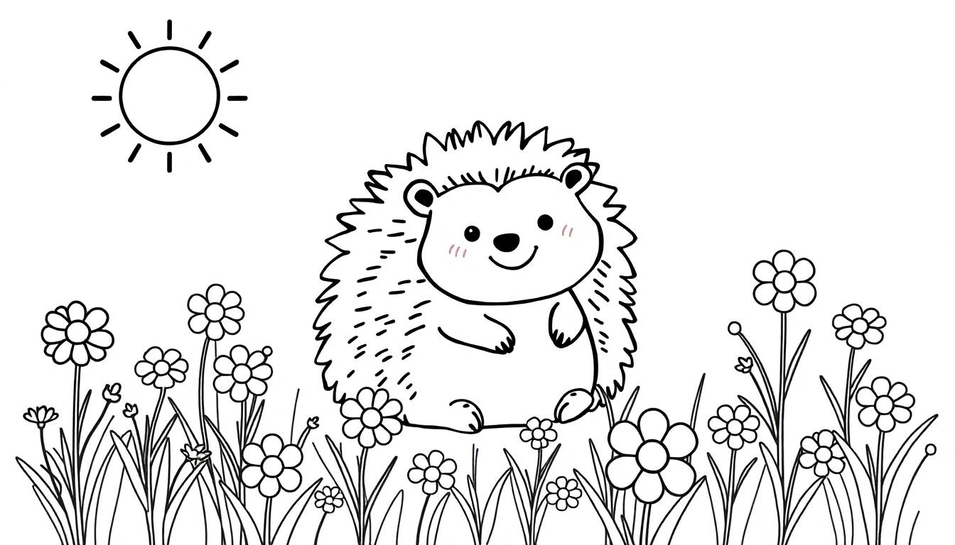 Egel kleurplaat in een bloemenveld met zon