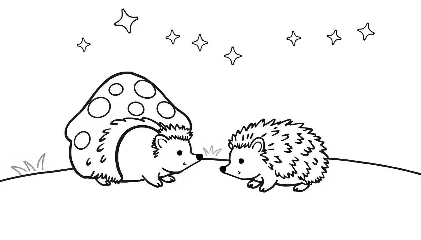 Kleurplaat van twee egeltjes onder de sterrenhemel.