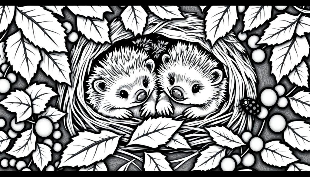 Kleurplaat van twee egeltjes in een nest van takken en bladeren.