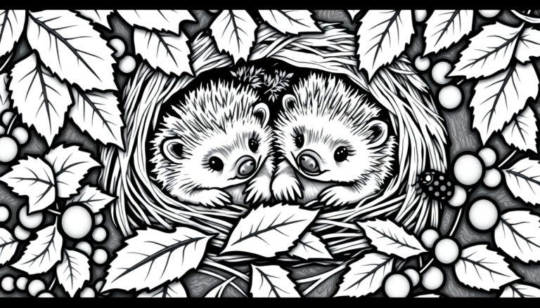 Kleurplaat van twee egeltjes in een nest van takken en bladeren.