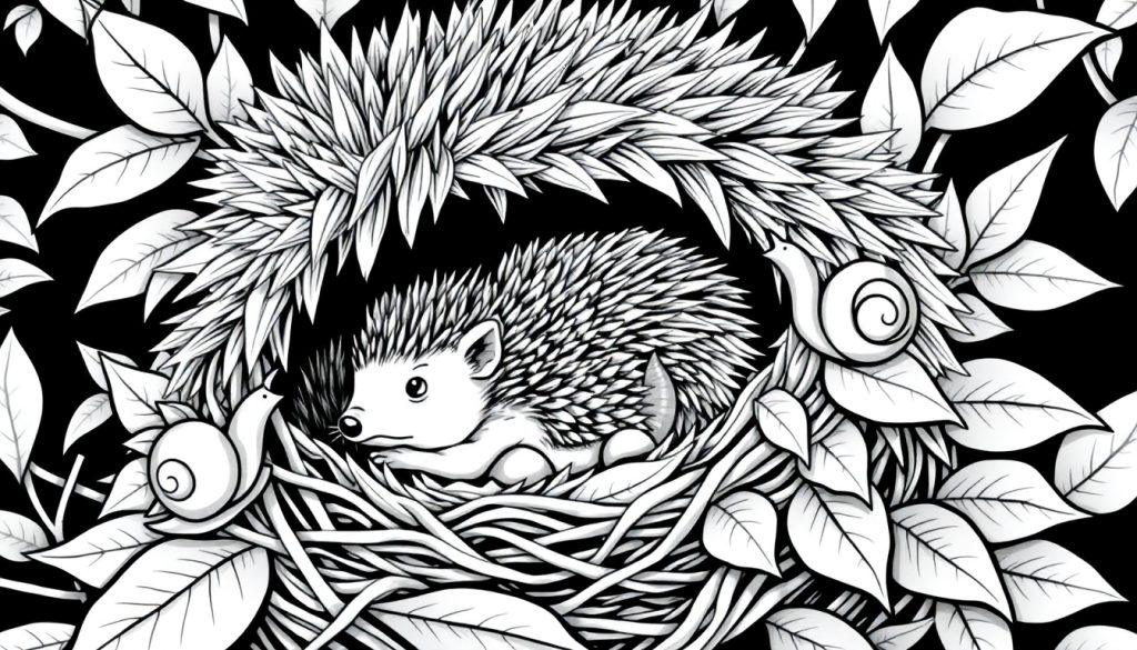 Kleurplaat van een schattige egel in zijn nestje met slakken.
