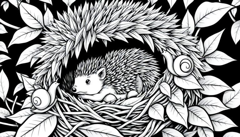 Kleurplaat van een schattige egel in zijn nestje met slakken.