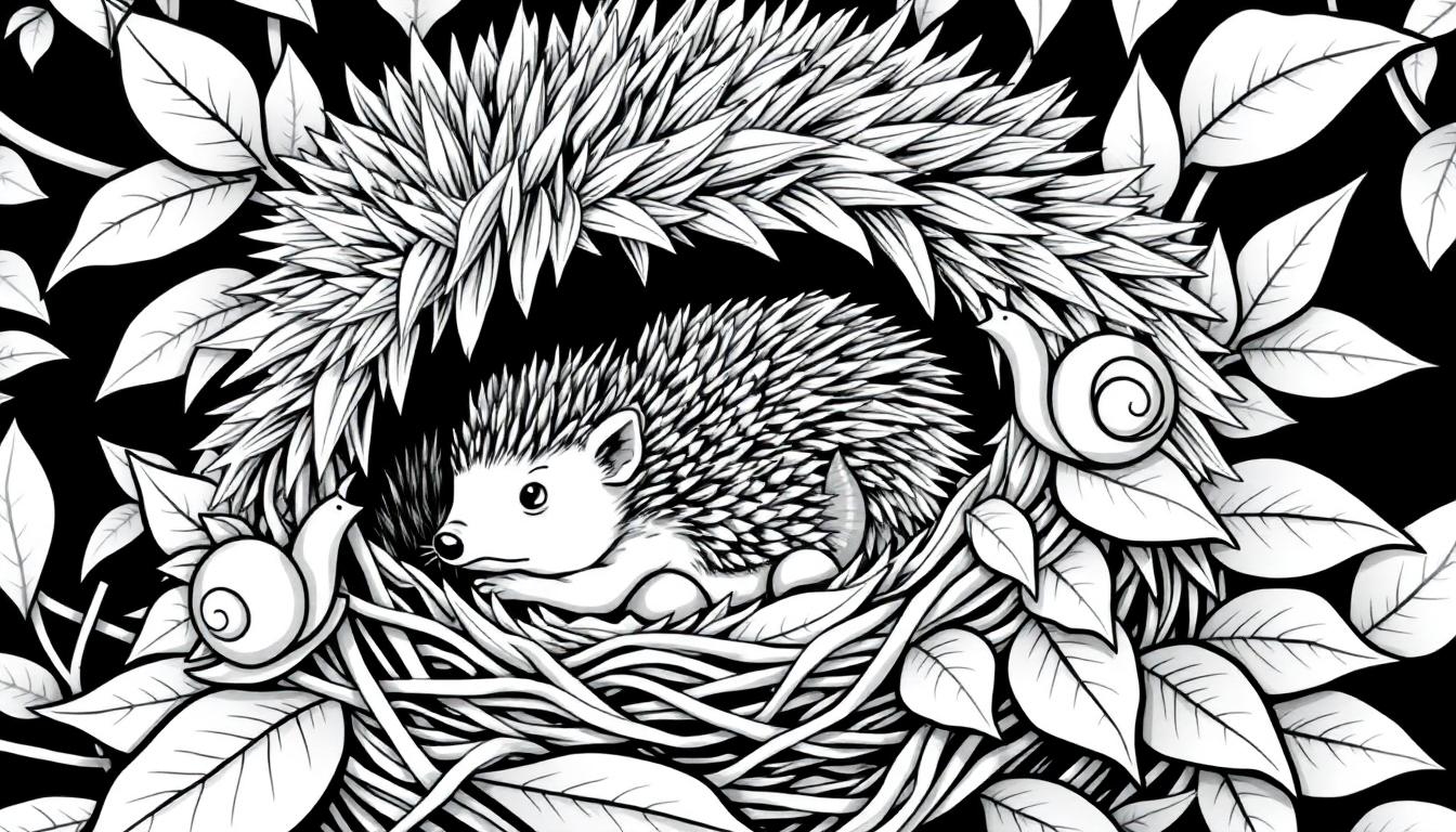 Kleurplaat van een schattige egel in zijn nestje met slakken.