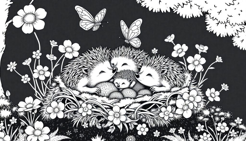 Egel familie kleurplaat in een nest omringd door bloemen en vlinders.