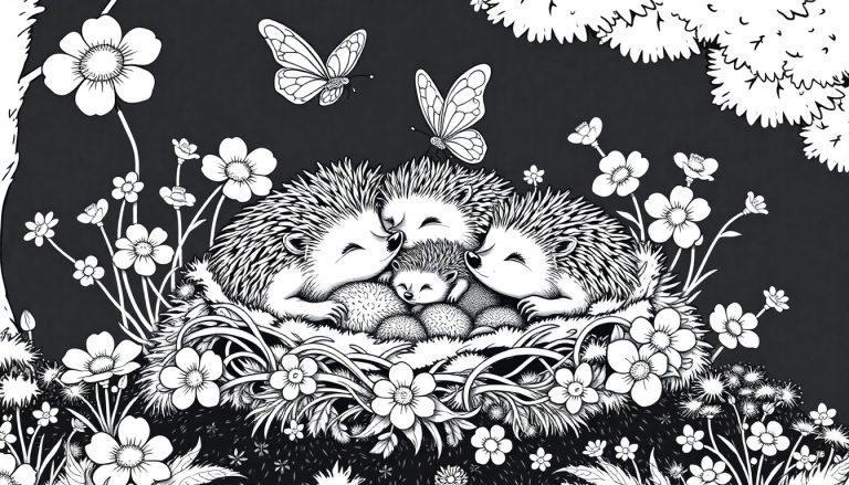 Egel familie kleurplaat in een nest omringd door bloemen en vlinders.