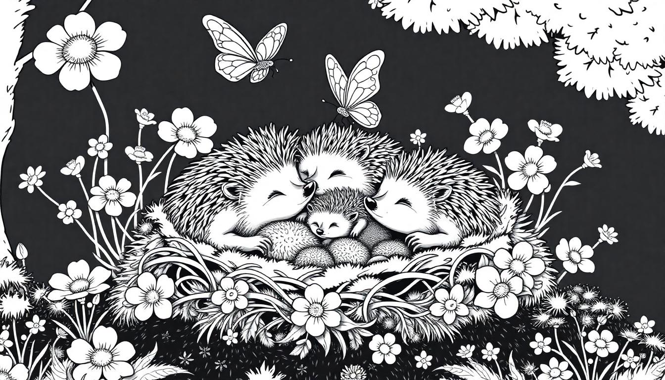 Egel familie kleurplaat in een nest omringd door bloemen en vlinders.