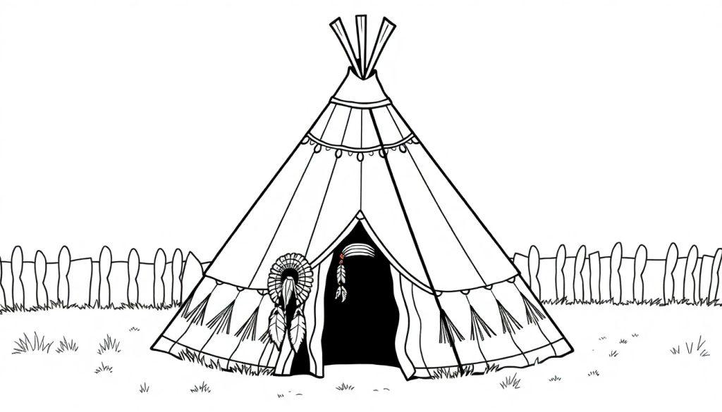 Tipi kleurplaat met hoofdtooi op de voorgrond.