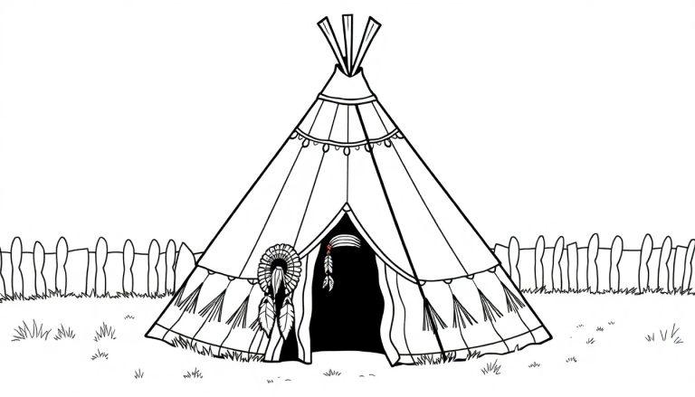 Tipi kleurplaat met hoofdtooi op de voorgrond.