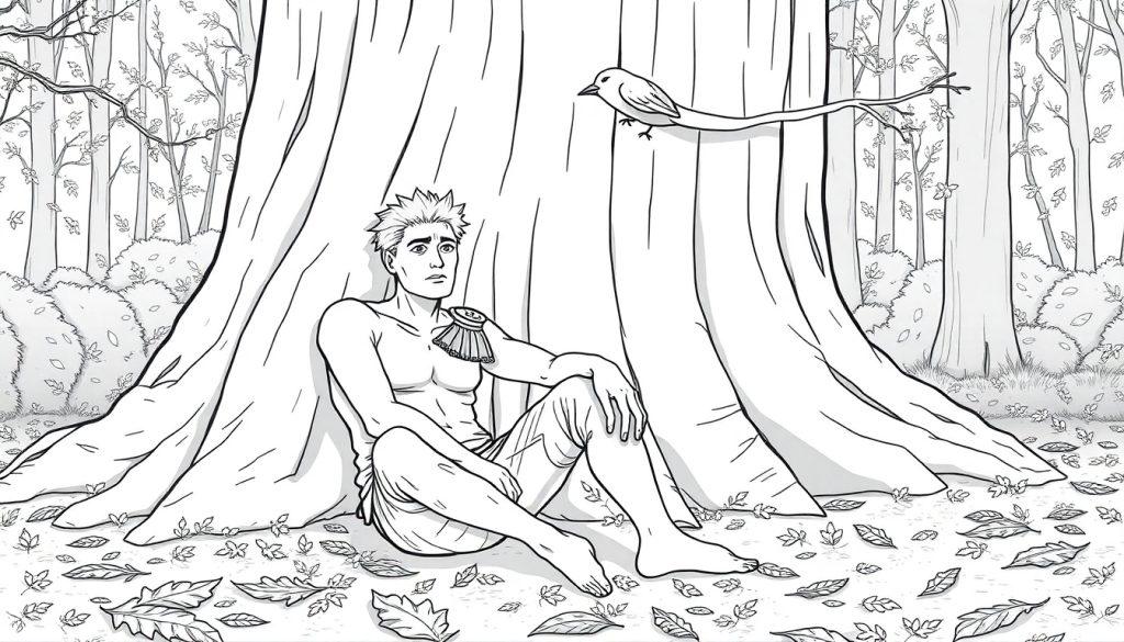 Kleurplaat van een man met een schouder uit de kom in het bos met een vogel.