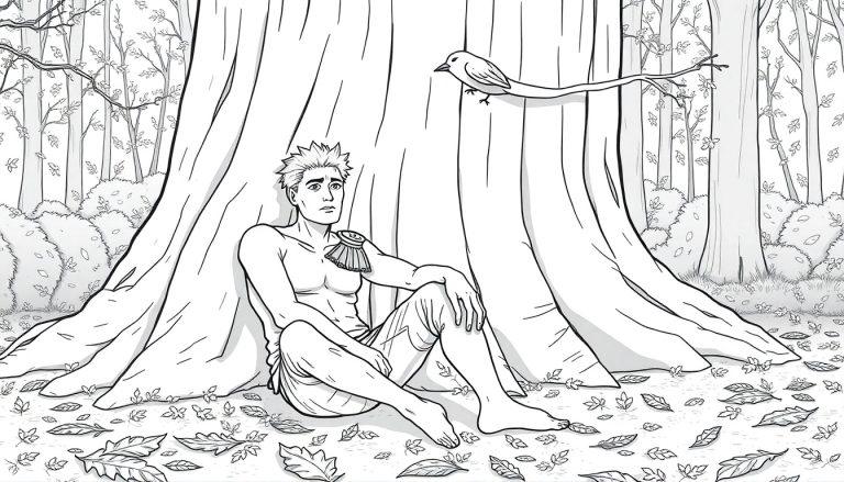 Kleurplaat van een man met een schouder uit de kom in het bos met een vogel.