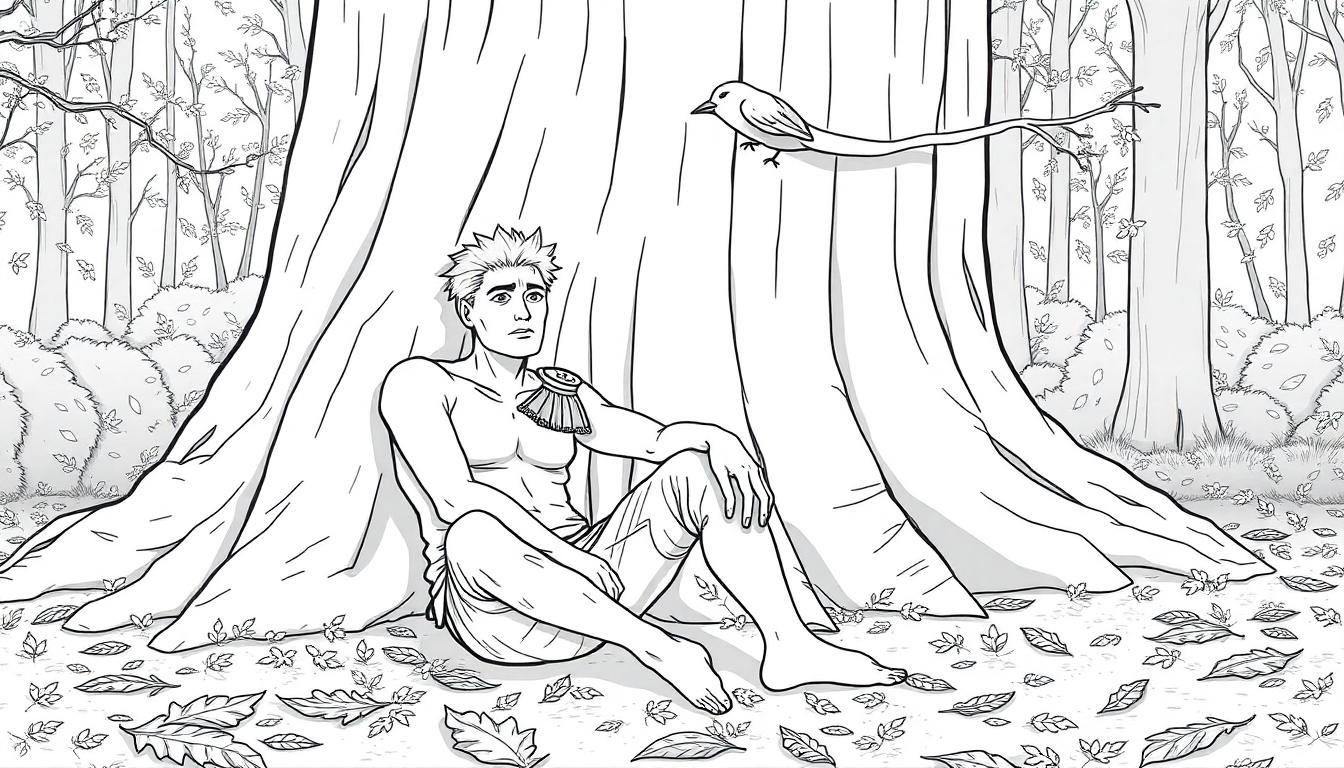 Kleurplaat van een man met een schouder uit de kom in het bos met een vogel.