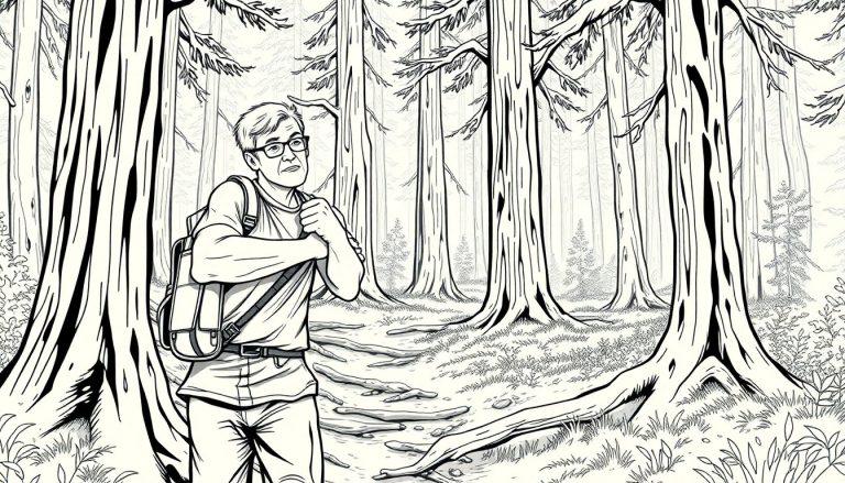 Kleurplaat van een man met een rugzak, vermoedelijk een wandelaar met een schouder uit de kom in het bos.