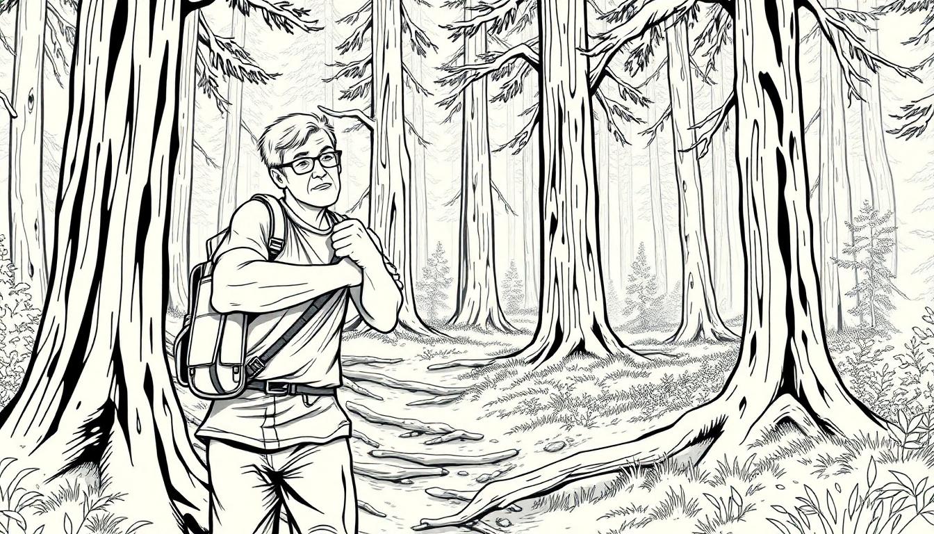 Kleurplaat van een man met een rugzak, vermoedelijk een wandelaar met een schouder uit de kom in het bos.