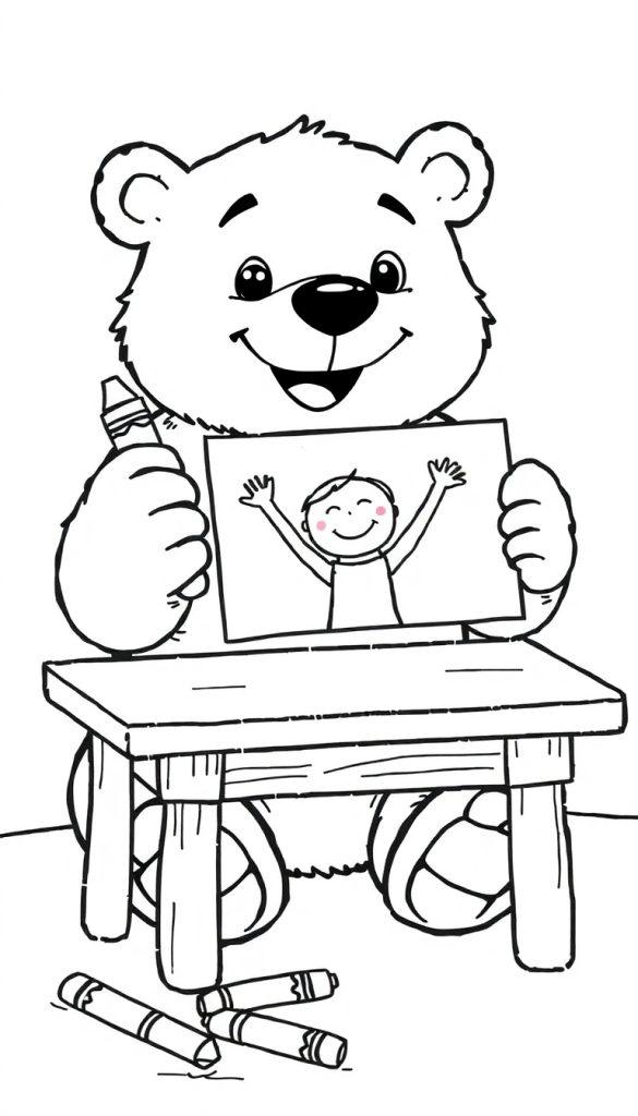 Beer maakt een vrolijke kleurplaat van een kindje.