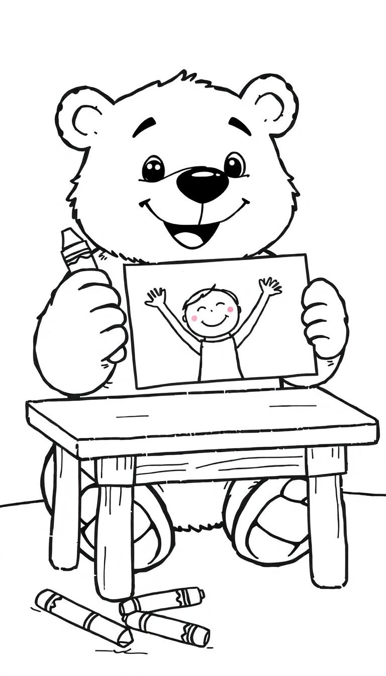 Beer maakt een vrolijke kleurplaat van een kindje.