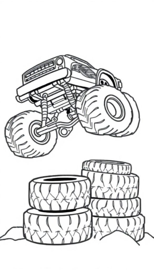 Stoere monstertruck kleurplaat springt over banden!