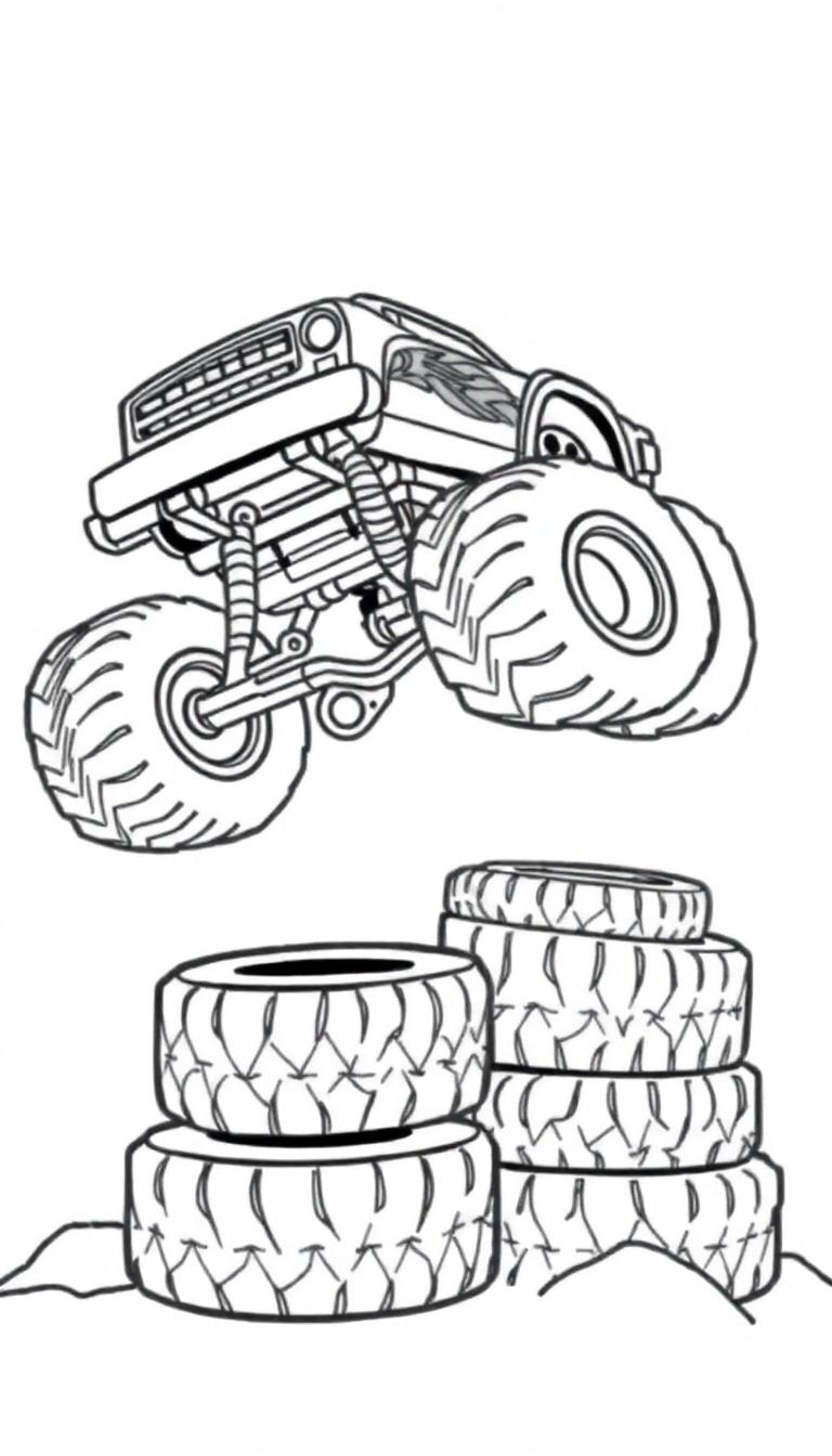 Stoere monstertruck kleurplaat springt over banden!