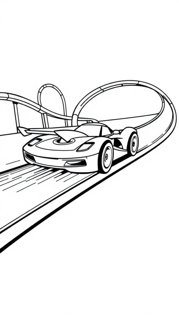 Hot Wheels raceauto kleurplaat op een racebaan met looping.