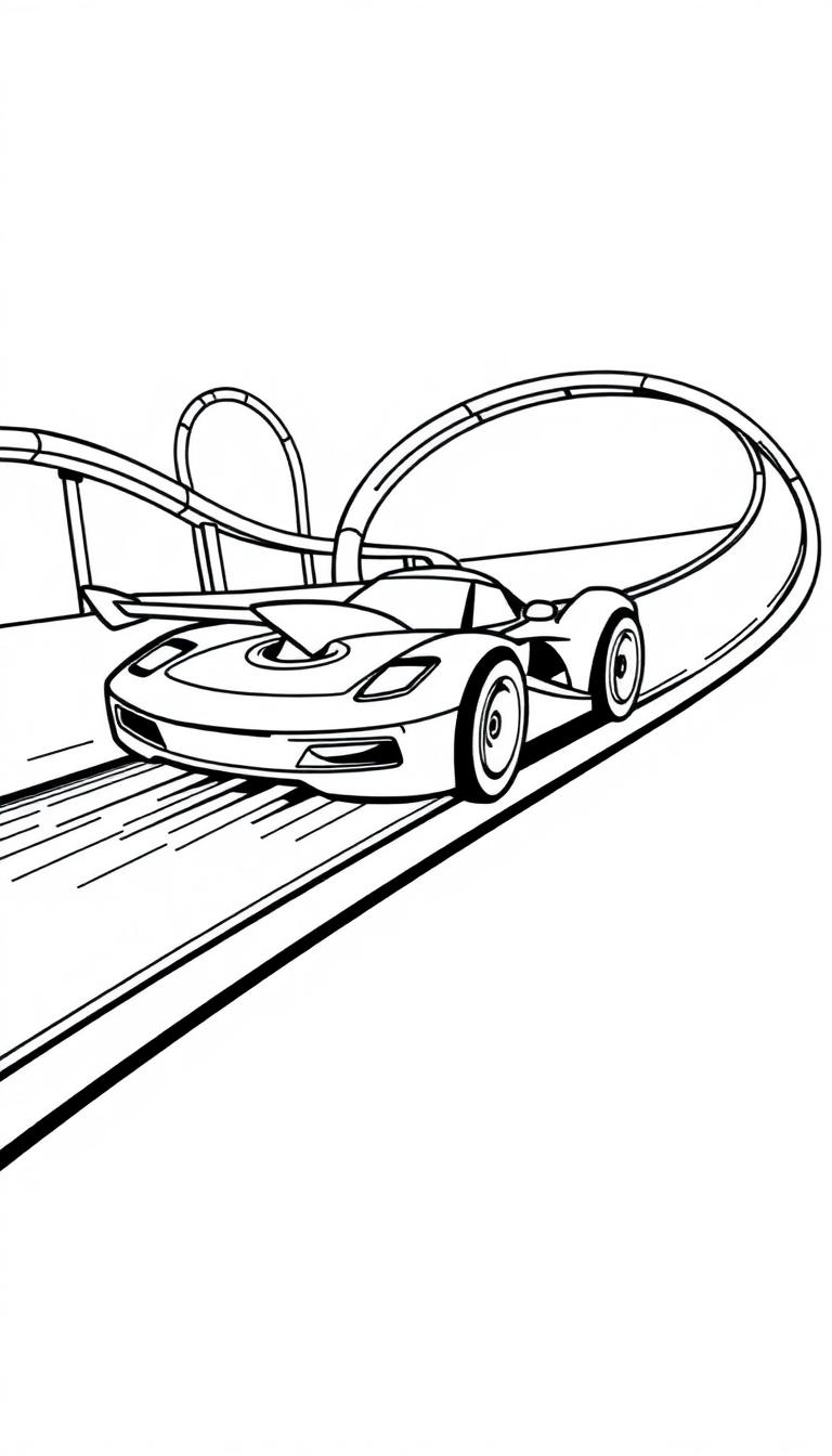 Hot Wheels raceauto kleurplaat op een racebaan met looping.