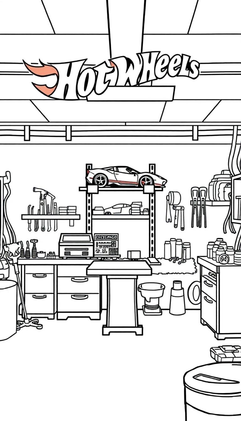 Hot Wheels garage kleurplaat met werbank en auto's.