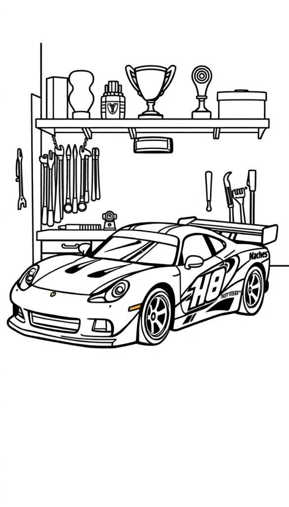 Kleurplaat van een raceauto in een garage met gereedschap.