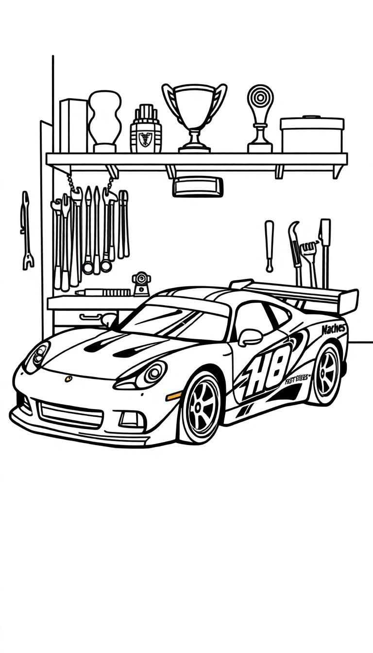 Kleurplaat van een raceauto in een garage met gereedschap.