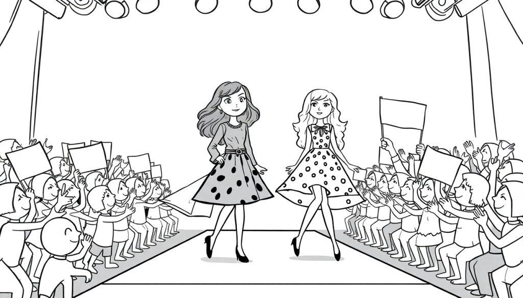 Norah en Pip modeshow kleurplaat met modellen op de catwalk.