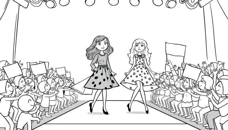 Norah en Pip modeshow kleurplaat met modellen op de catwalk.