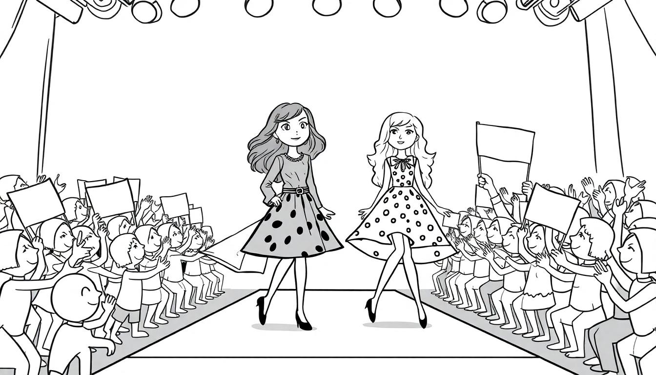 Norah en Pip modeshow kleurplaat met modellen op de catwalk.