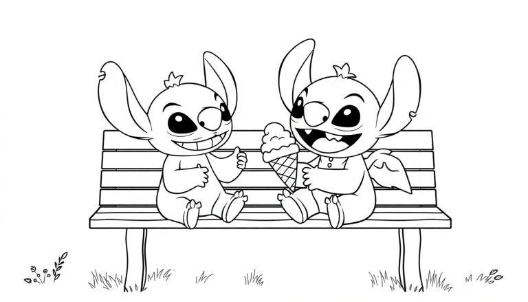 Stitch en Angel kleurplaat op een bankje