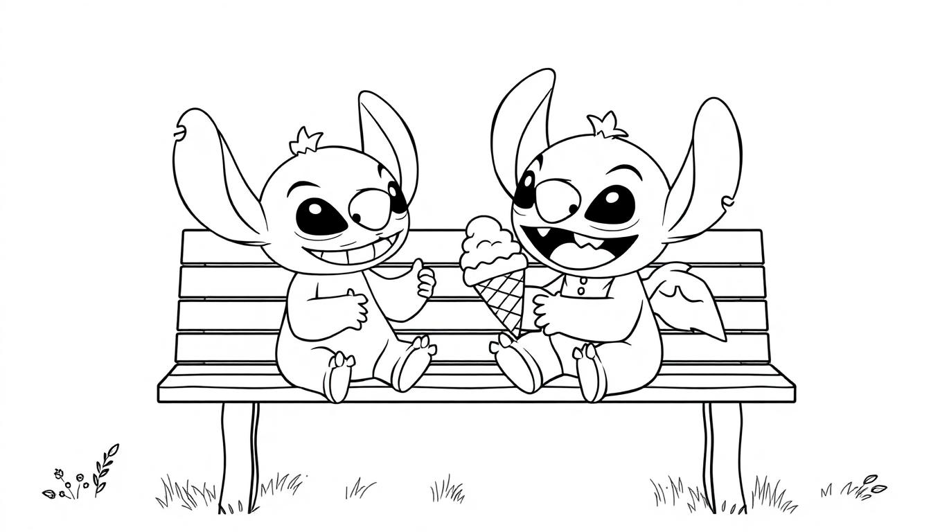 Stitch en Angel kleurplaat op een bankje