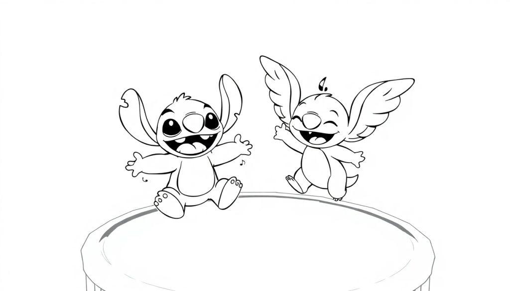 Stitch en Angel kleurplaat springen trampoline