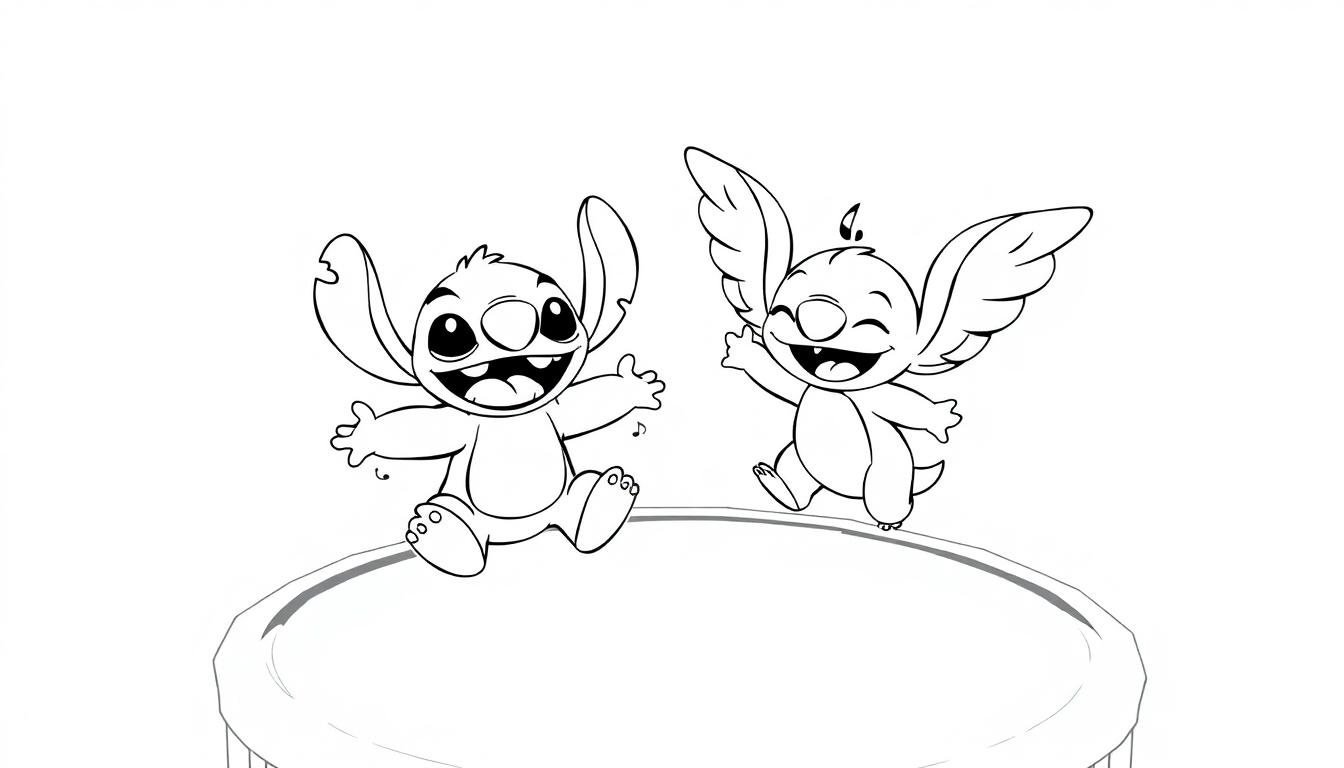 Stitch en Angel kleurplaat springen trampoline