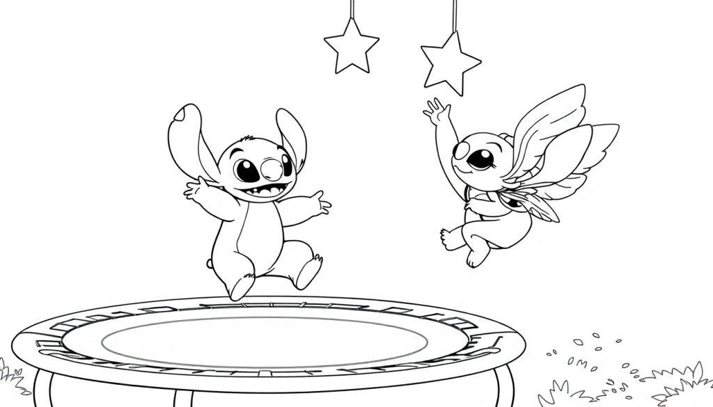 Stitch en Angel kleurplaat springen op een trampoline!