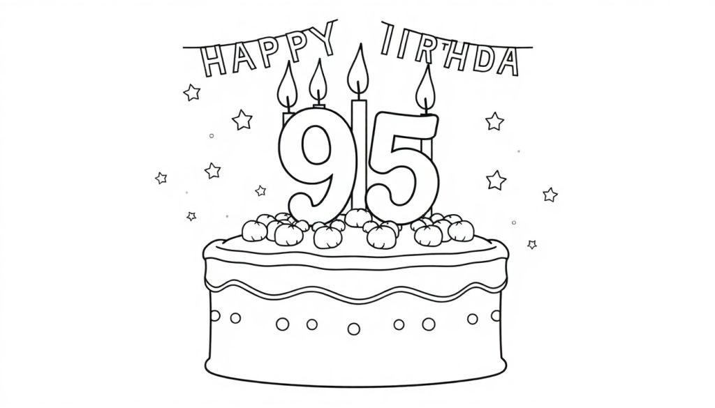 Verjaardagstaart kleurplaat met 95 en kaarsjes