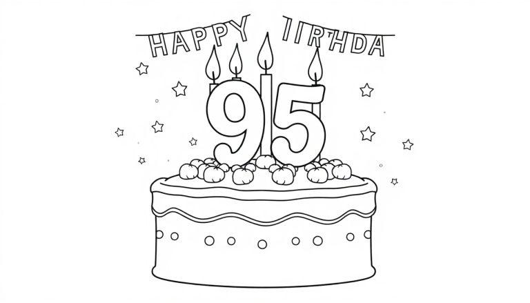 Verjaardagstaart kleurplaat met 95 en kaarsjes