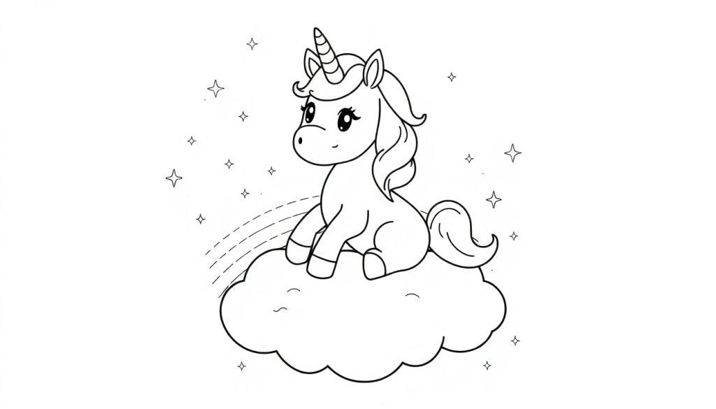 Kleurplaat van een eenhoorn op een regenboogwolk met glitters en fairytails