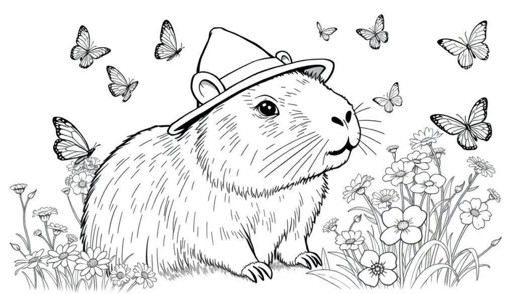 Kleurplaat van een capibara met een hoed, omringd door vlinders en bloemen.