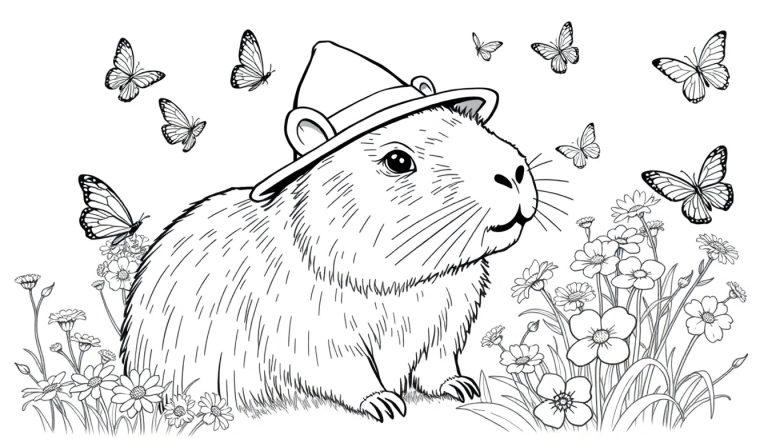 Kleurplaat van een capibara met een hoed, omringd door vlinders en bloemen.