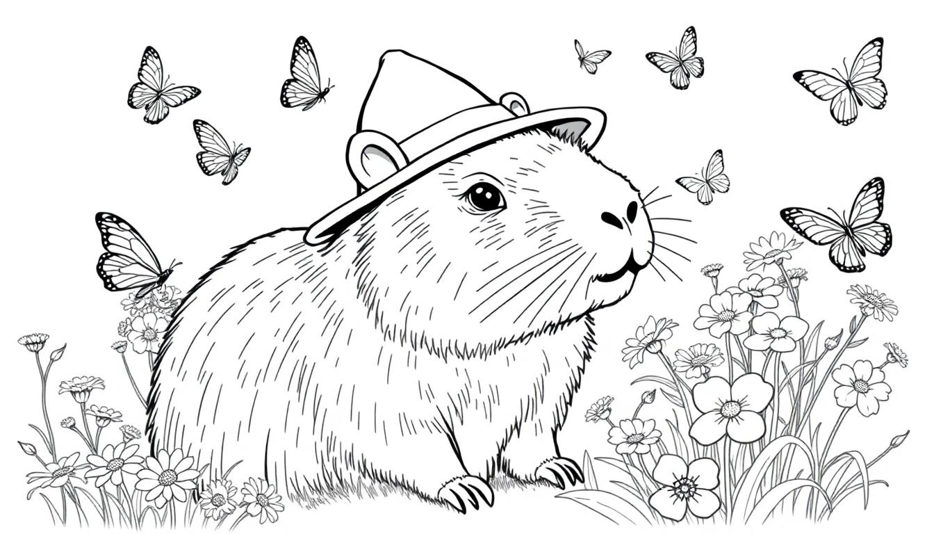 Kleurplaat van een capibara met een hoed, omringd door vlinders en bloemen.
