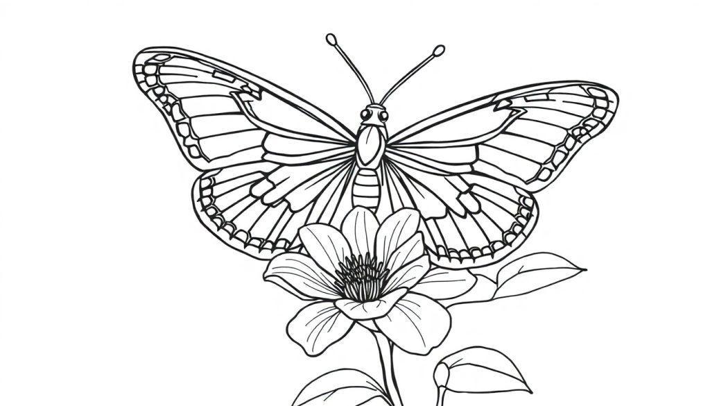 Gedetailleerde vlinder kleurplaat op een bloem.