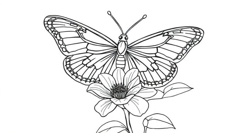 Gedetailleerde vlinder kleurplaat op een bloem.